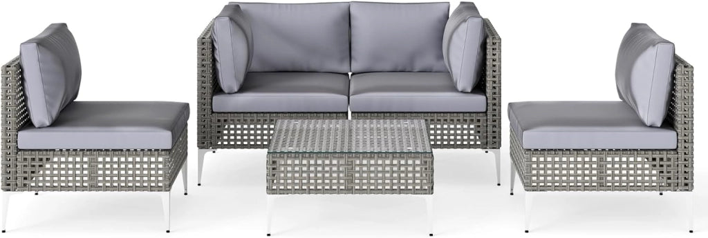 Set di mobili da giardino in rattan, 5 pezzi, cuscini rimovibili e schienale ergonomico, tavolino in vetro temperato, set di mobili da esterno per cortile, terrazza, giardino, carico 180 kg