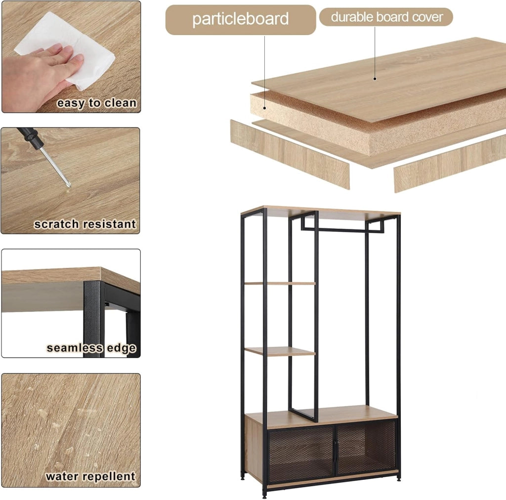 Stand Appendiabiti con Multi Scaffali Laterali e Armadietto Guardaroba Scaffale Porta Abiti in Legno e Metallo, Rovere Chiaro
