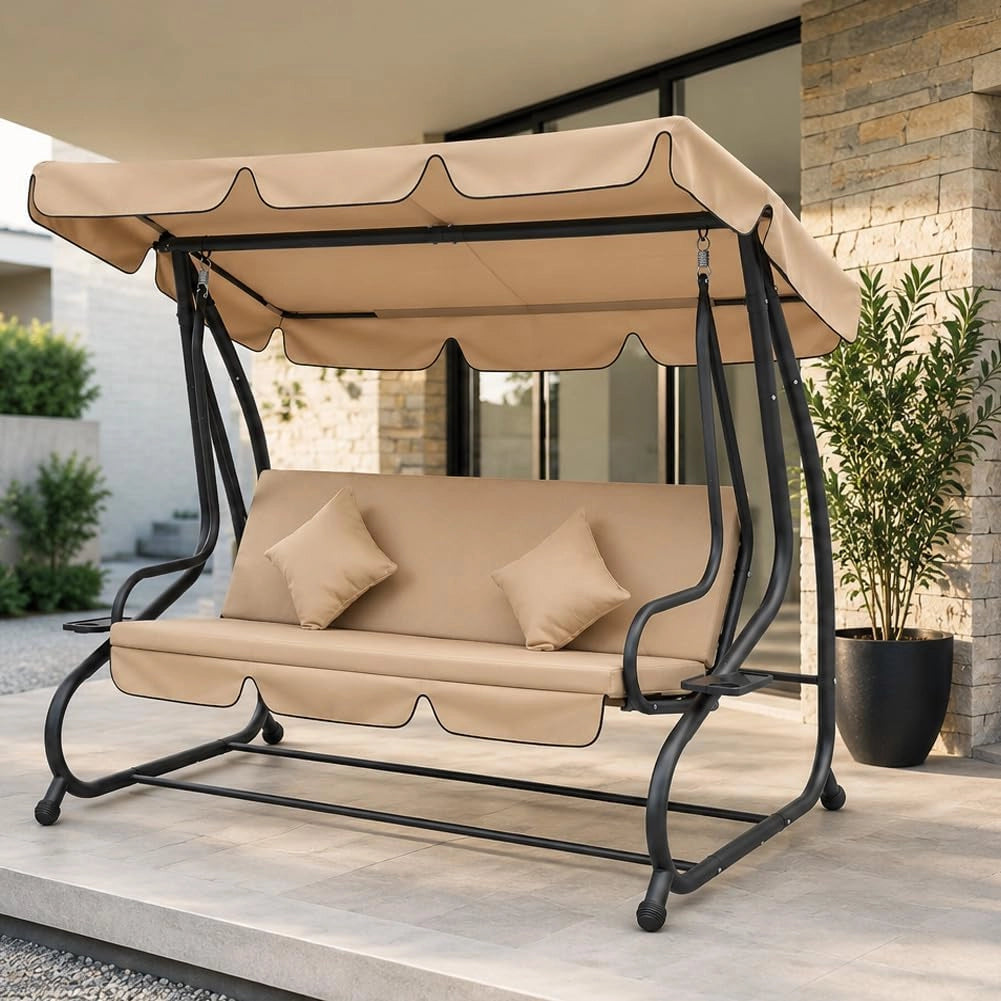 Dondolo Letto da Giardino 3 Posti Tetto Reclinabile Cuscini Beige 200x126x170 cm