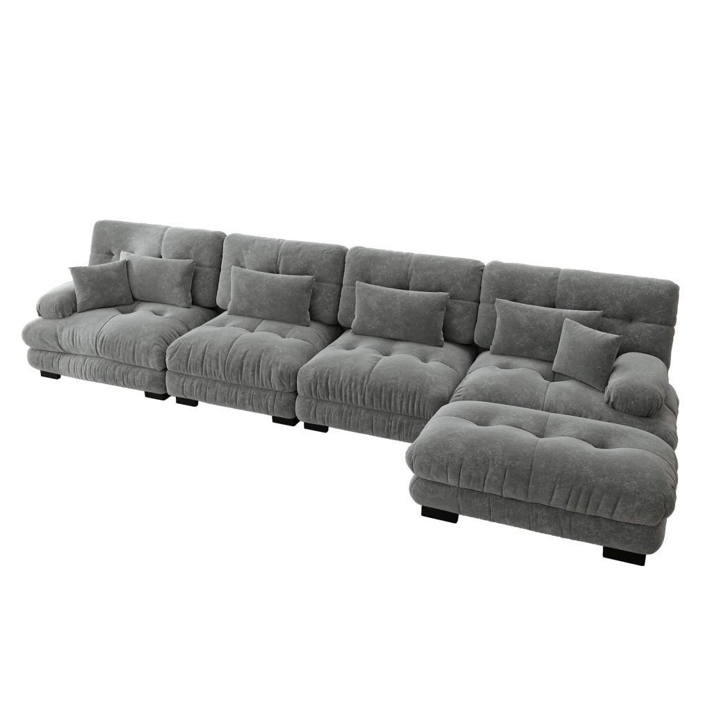 Divano Angolare Modulare 4 Posti ¨C MINIMAL ¨C Chenille, Grigio, con Poggiapiedi