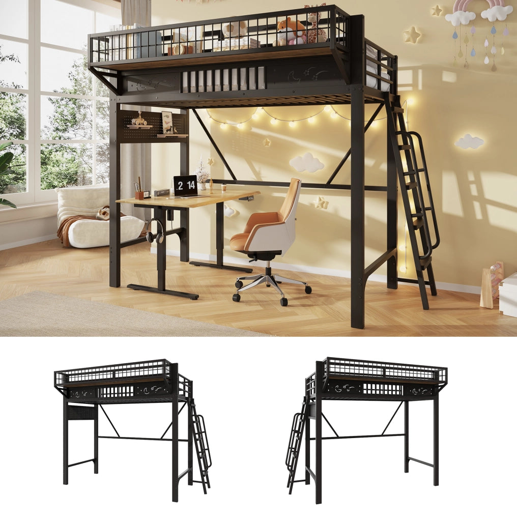 Letto a soppalco 90x200 cm in metallo nero con vani portaoggetti e scala reversibile; senza materasso