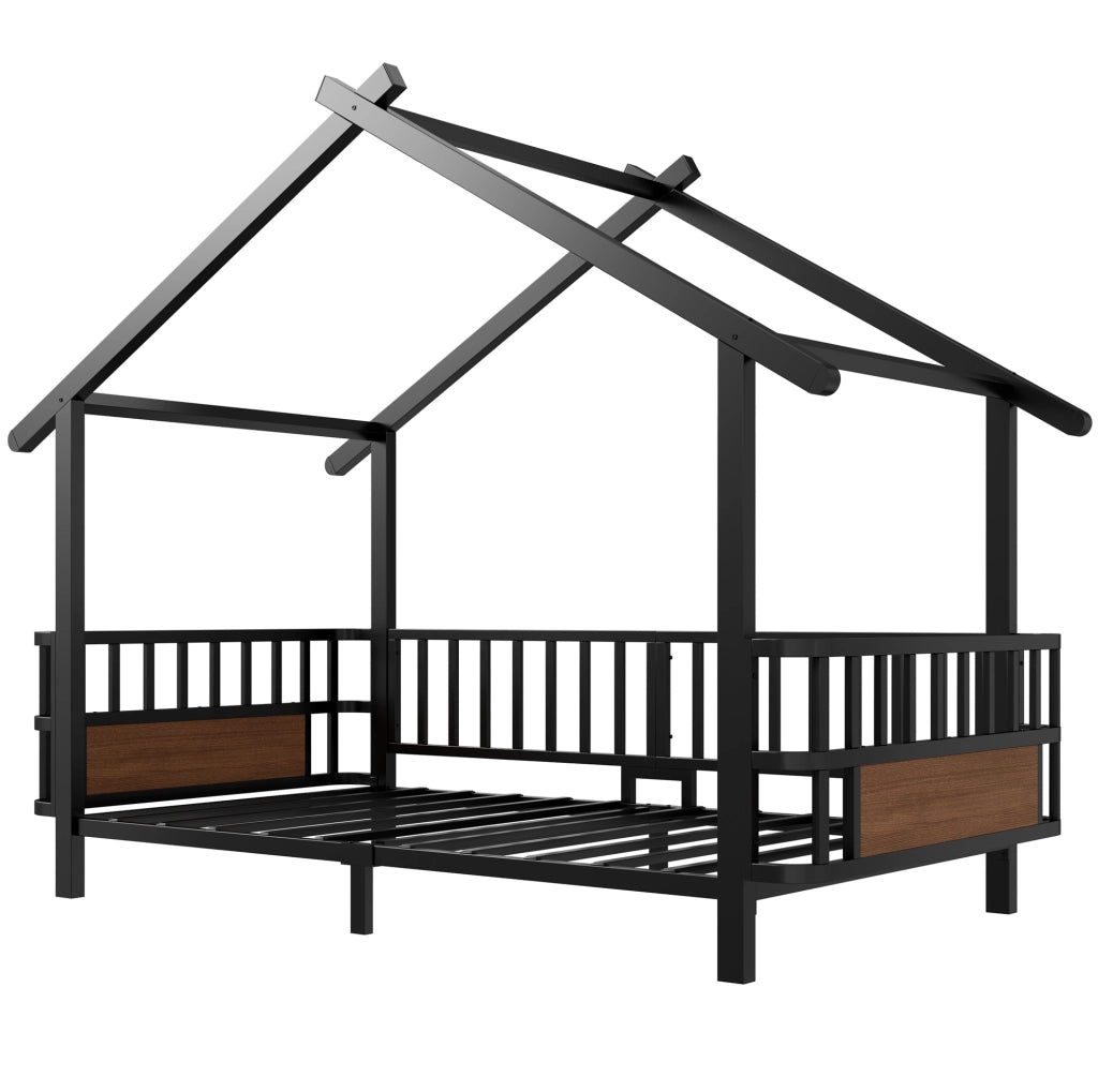 Letto per bambini a casetta 90x200 cm in metallo nero; con sponde di sicurezza e tetto decorativo