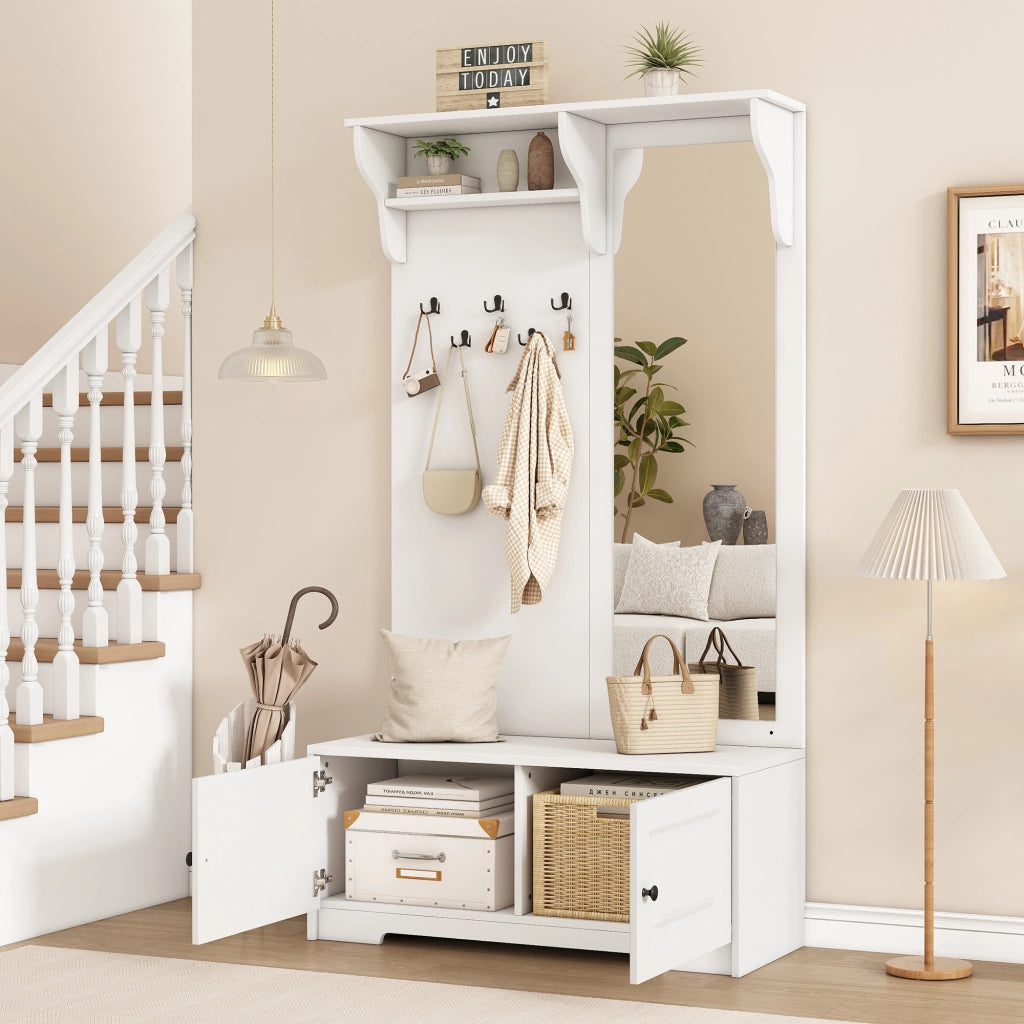 Mobile ingresso con specchio e scarpiera con panca; 100x40x180 cm; 5 ganci; MDF; bianco