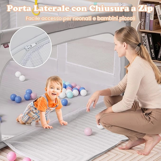 Box per Bambini 127 x 127 cm, Recinto per Bambini Pieghevole in Tessuto Oxford con Rete Traspirante, Box con Giochi che Include 50 Palline, 4 Pezzi Anelli e Borsa (Grigio, 127 x 127 cm)