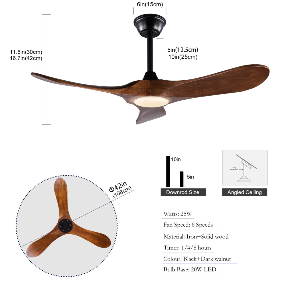 VENTILATORE DA SOFFITTO con Luce LED 107 cm Legno Massello Noce Nero