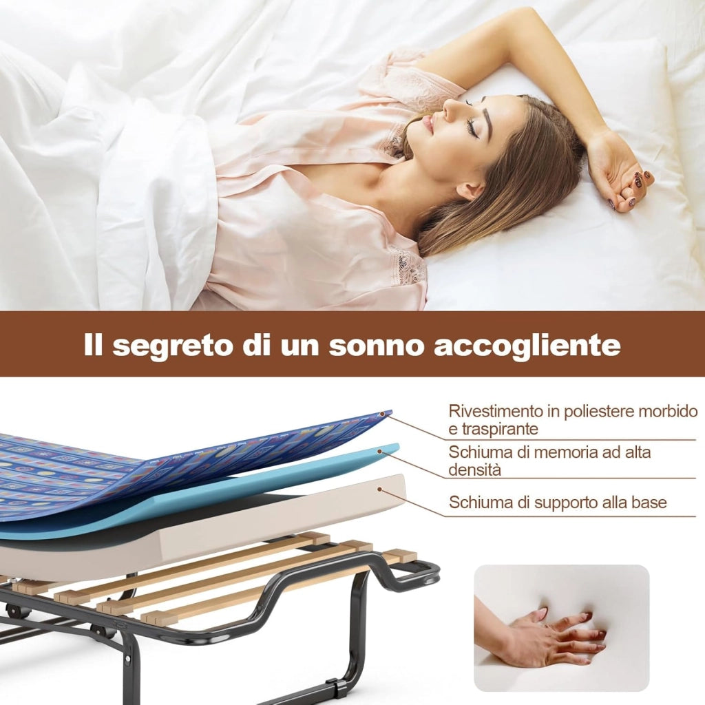 Letto Brandina Pieghevole, con Materasso in Memory Foam, Struttura Resistente e 4 Ruote Girevoli, Lettino Pieghevole, 200 x 80 x 40cm, Made in Italy (Blu)