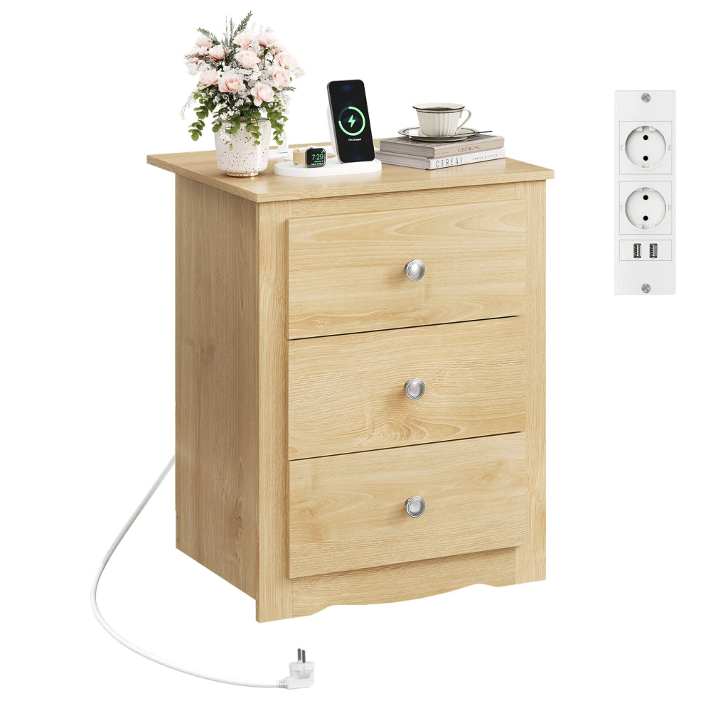 Comodino 3 Cassetti con Stazione di Ricarica USB e Prese ¨C zephmum ¨C Grigio 40x40x50