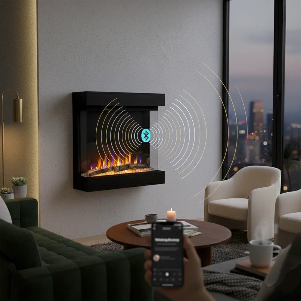 Tempo Style - Caminetto elettrico CALLIOPE Nero con cornice in legno MDF effetto fuoco reale 750 - 1.500 W