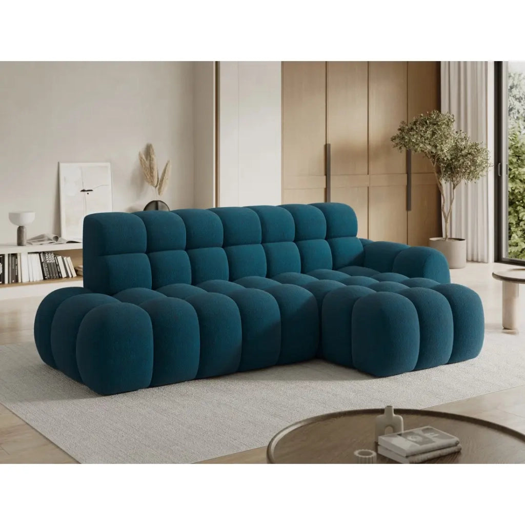 Divano ad angolo convertibile BULLA 3 posti blu angolo sinistro - tessuto bouclé con estensione della seduta elettrica