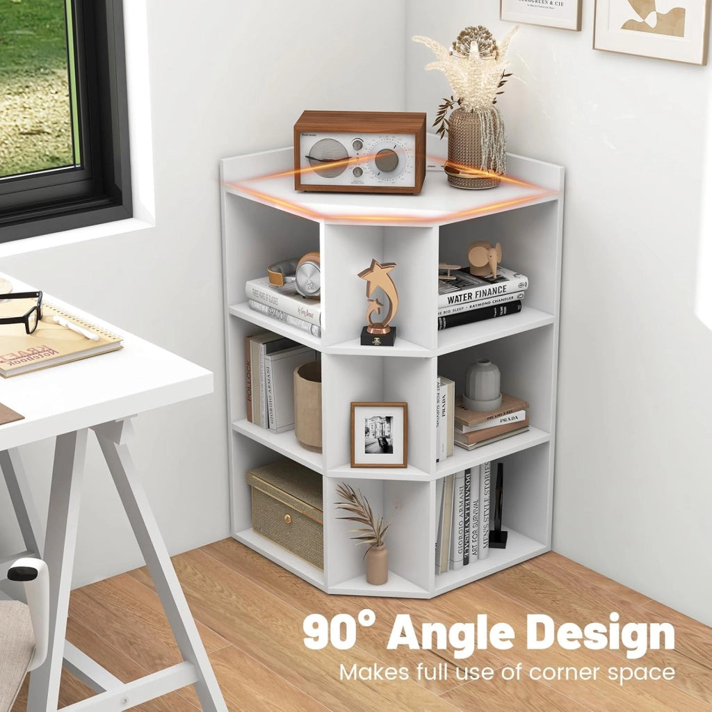 Libreria Angolare Triangolare con 3 Ripiani e 9 Vani Aperti, Presa di Ricarica Integrata, 51 x 71,5 x 86 cm, per Soggiorno e Studio (Bianco)