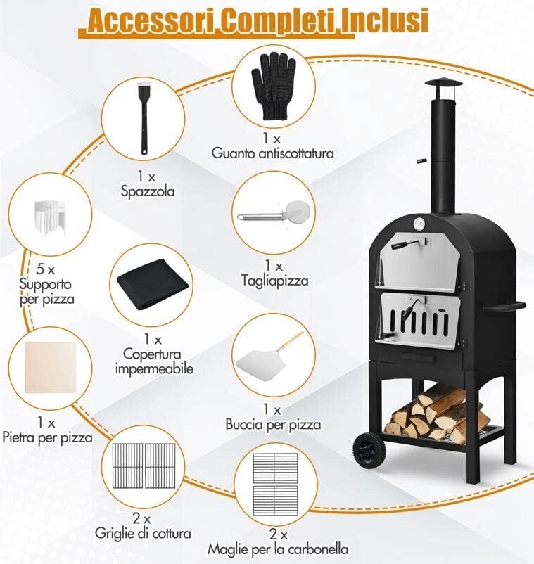 Forno per Pizza Portatile da Esterno, Rivestimento Impermeabile e Pala per Pizza, Forno Riscaldato a Legna con Piastra per Pizza, Fornello da Campeggio per Pizza, Nero