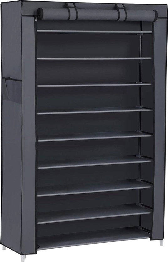 Rack per scarpe con 10 livelli, 28 x 88 x 160 cm, cassettiere per scarpe, appoggio per scarpe, con copertura in tessuto, appoggio per scarpe, per stivali, scarpe da sport, struttura in metallo, grigio