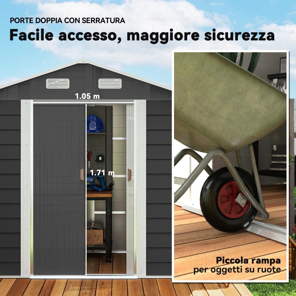 Casetta Porta Attrezzi 196x236x208 cm con Porte Scorrevoli e 4 Prese d'Aria in Acciaio e PP Grigio Scuro