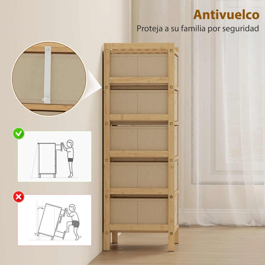 Cassettiera con 5 cassetti in tessuto struttura bamb¨´ ¨C zephmum ¨C crema e naturale 60x40x