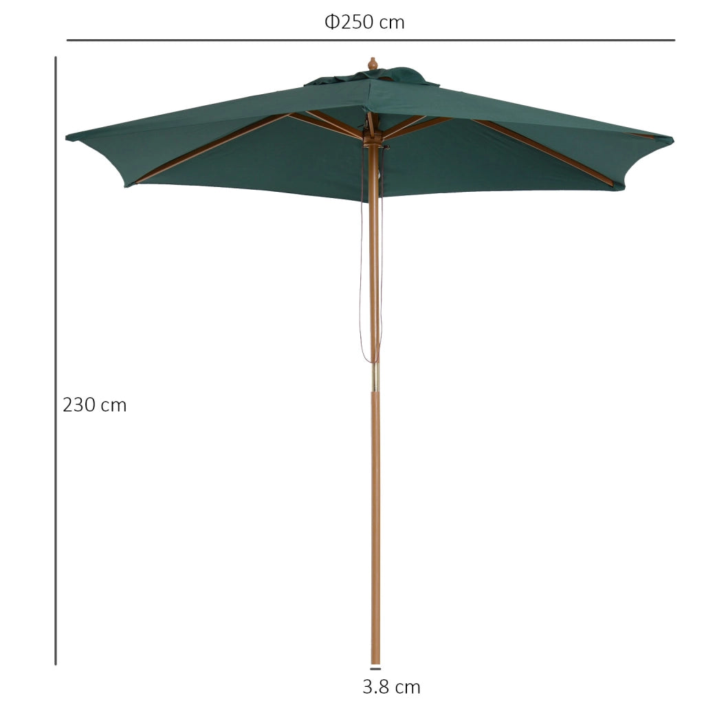 Ombrellone da Giardino 2.5x2.3m a 6 Stecche, in Legno e Poliestere, Verde Scuro