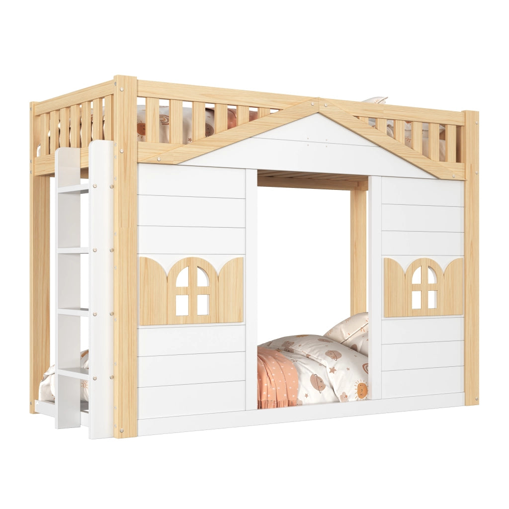 Letto a castello cabana con scala reversibile e finestra LEMONMAX; 90x200 cm; spazio sotto multifunzione; pino e MDF; bianco/naturale