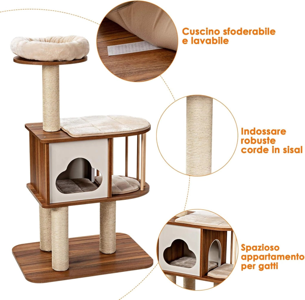 Tiragraffi per Gatti Adulti Con Cuccia, Piattaforma, Cuscini e Albero Alto in Legno, 68 x 48 x 117 cm