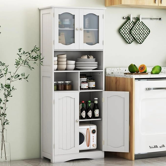 Armadietto Salvaspazio 60 x 30 x 148,5cm, Mobile Bagno con Scomparti Aperti, Scaffafli Regolabili e 2 Porte in Vetro Temprato, Armadio da Bagno per Ufficio, Soggiorno e Camera da Letto, Bianco