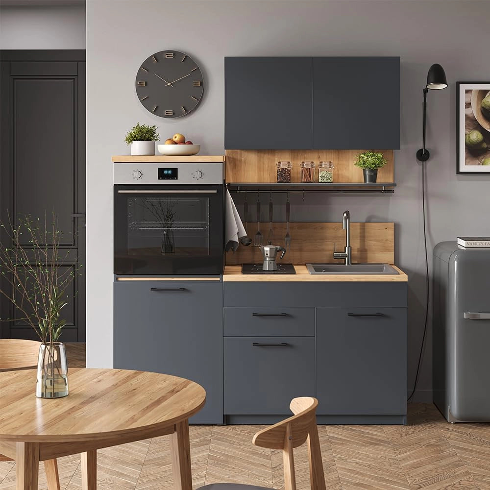 Cucina singola Egbert, Antracite, 160 cm con tavolo allungabile, con asciuga piatti integrato e ripiani laterali