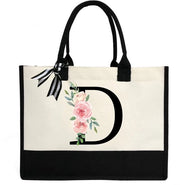 Borsa di tela personalizzata per donne, borsa con monogramma, impermeabile interna, per matrimonio, compleanni, vacanza, insegnante, nera, D, grande