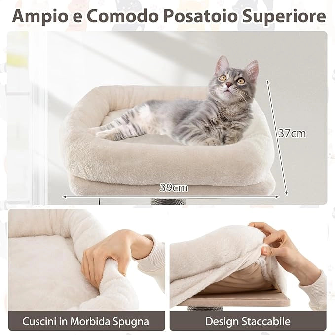 Albero per Gatti a 6 Livelli, Torre per Gatti Alta 171 cm con Cuscino, Condominio, Tappetini Staccabili e Pannello in Sisal, Albero Tiragraffi in Legno con Palla Pompom Appesa