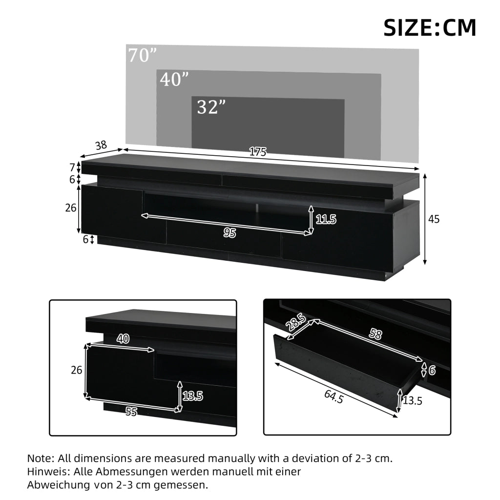 Mobile porta TV con LED 2 ante a L 1 cassetto e vano semichiuso per soggiorno nero 175 × 38 × 45 cm