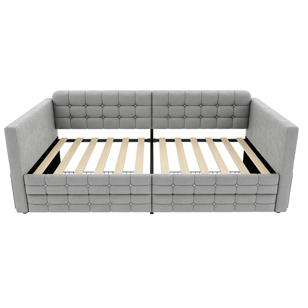 Letto per bambini imbottito 90x190 cm con 2 cassetti e tasche laterali; struttura stabile; velluto grigio chiaro