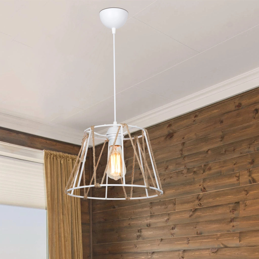 Lampada a Sospensione 'Halifax' con Paralume a Gabbia con Corda di Iuta - Bianco/Naturale  [lux.pro]