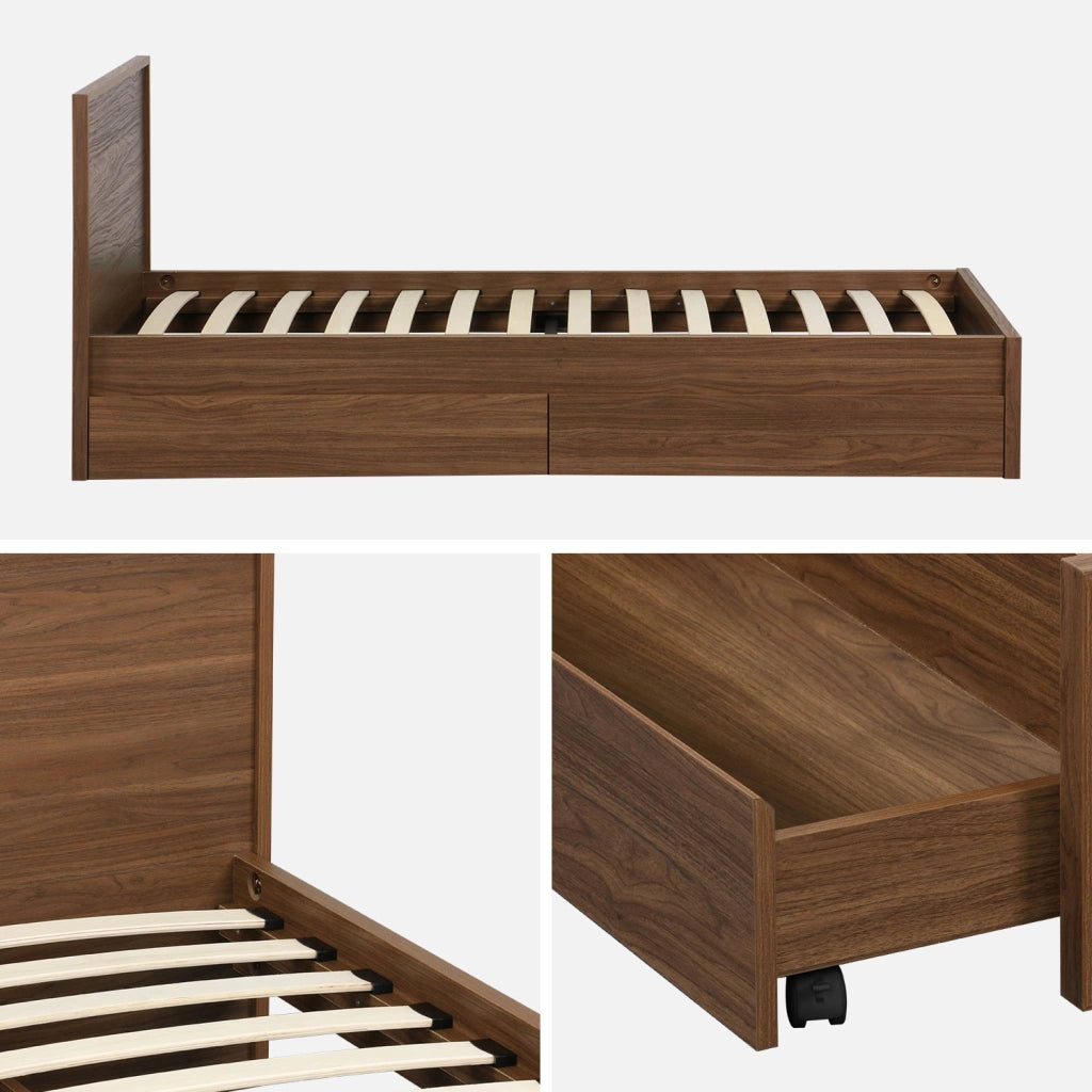 Letto con rete a doghe e testiera 90cm + 2 cassetti decorazione legno,