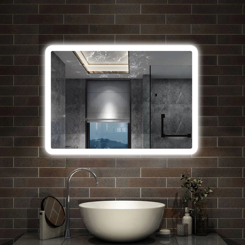 specchio rettangolare 70 x 50 cm con luce led a 3 colori, antiappannamento e touch, bluetooth