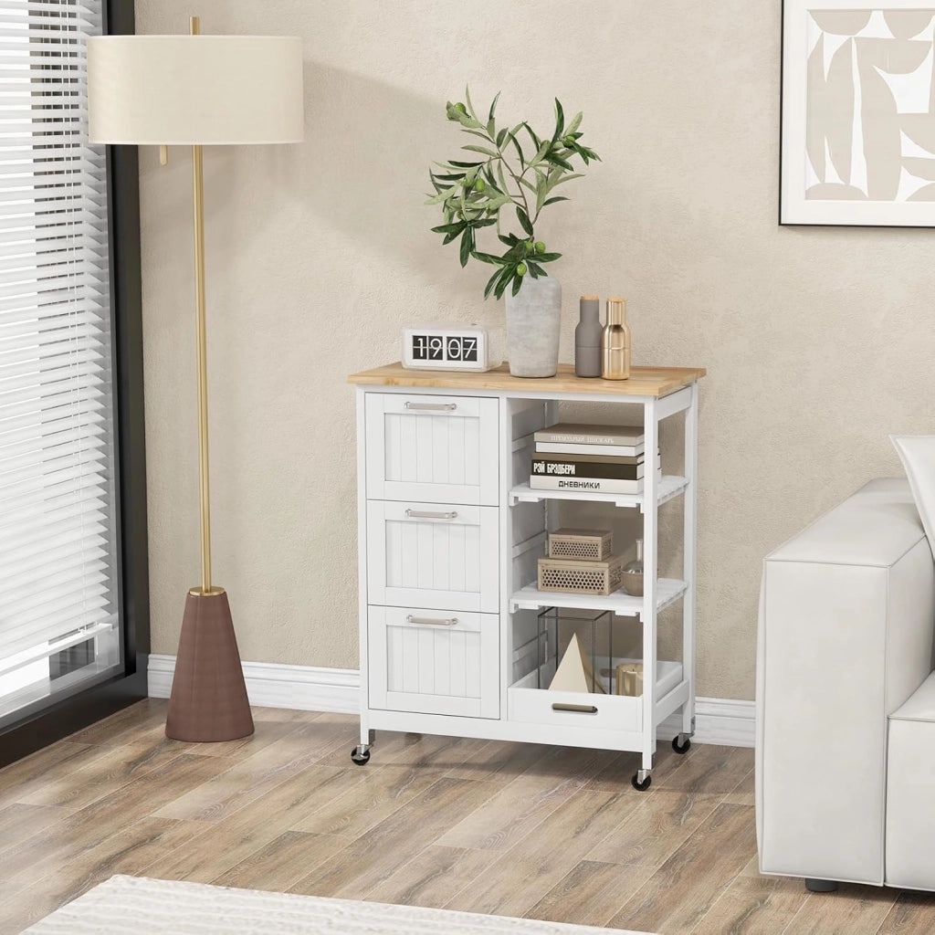 Carrello di Servizio con 4 Ripiani, Scaffale da Cucina con Rotelle, Mobiletto Cucina Salvaspazio con 3 Grandi Cassetti, 67x37x83,5 cm, 2 Colori (bianco)