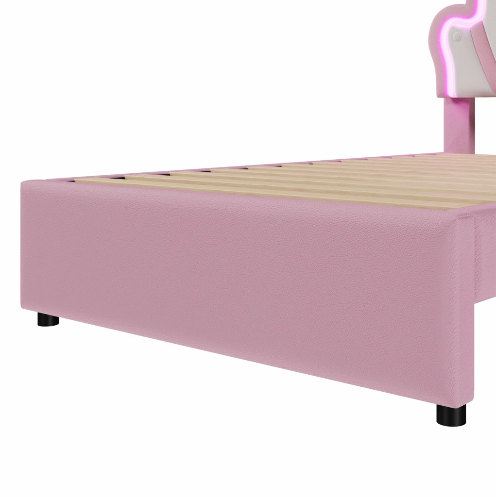 Letto imbottito con testiera regolabile, luci LED multicolore e 2 cassetti, rosa, 90 x 200 cm