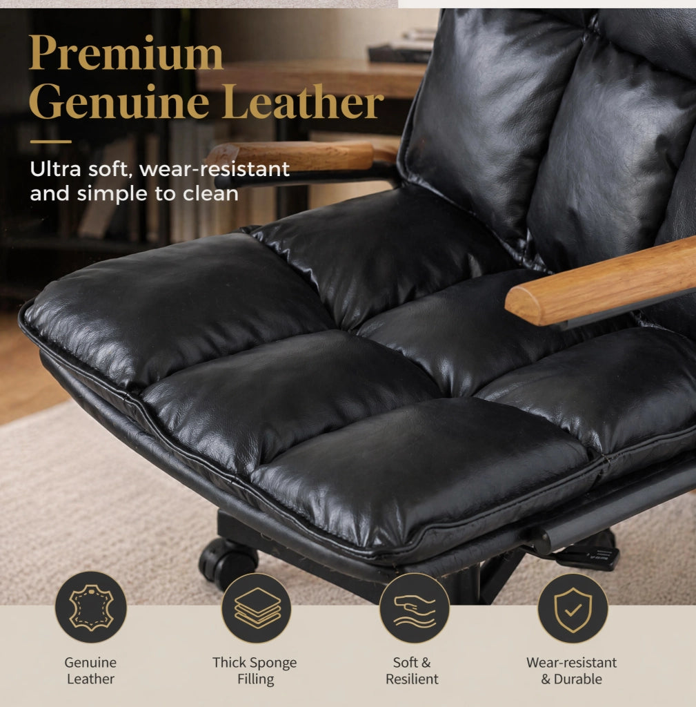 SEDIA UFFICIO Girevole 360° Nero in Pelle e Metallo con Braccioli in Legno