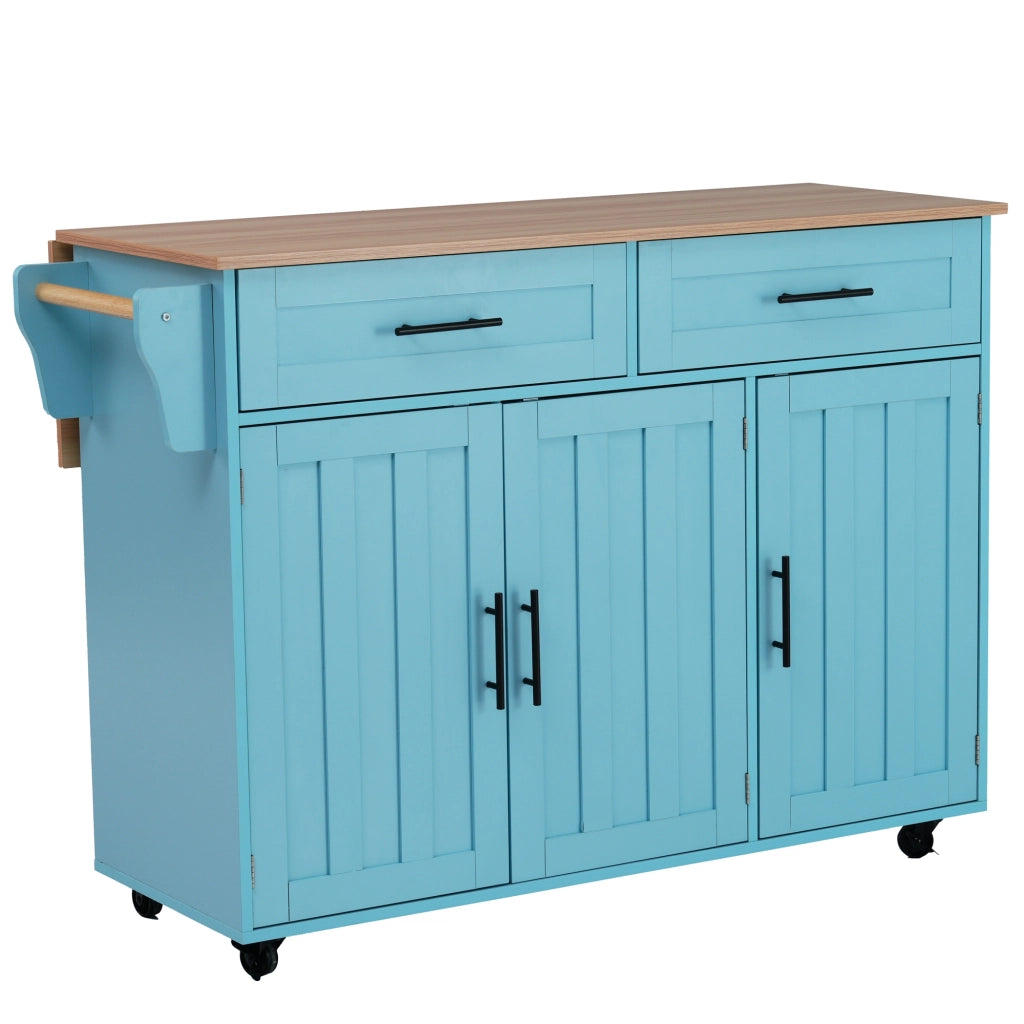 Isola da Cucina Mobile 129x46/71x91,5 cm Azzurra e Legno con Piano Ribaltabile, 2 Cassetti e 5 Ruote