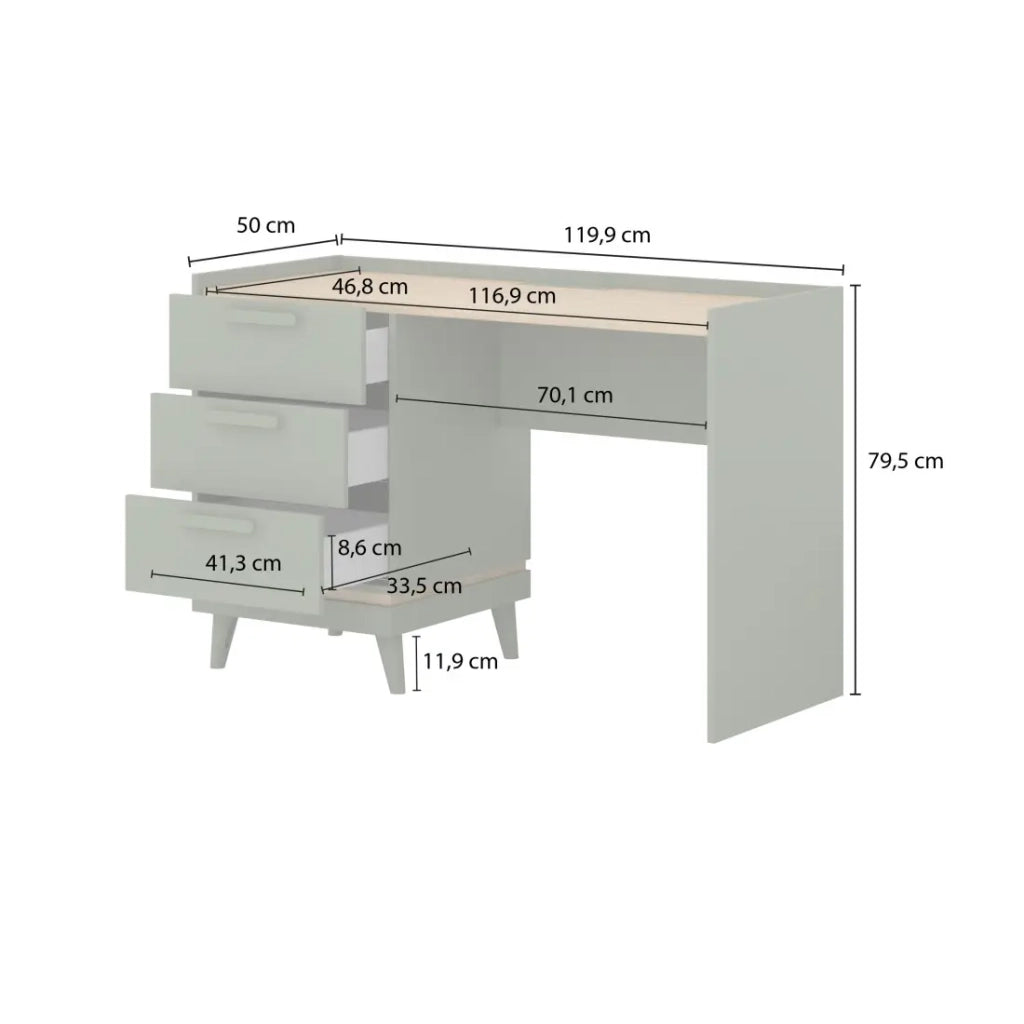 Set ufficio NOKI – Scrivania + armadio per archiviazione + libreria – Verde e legno scandinavo