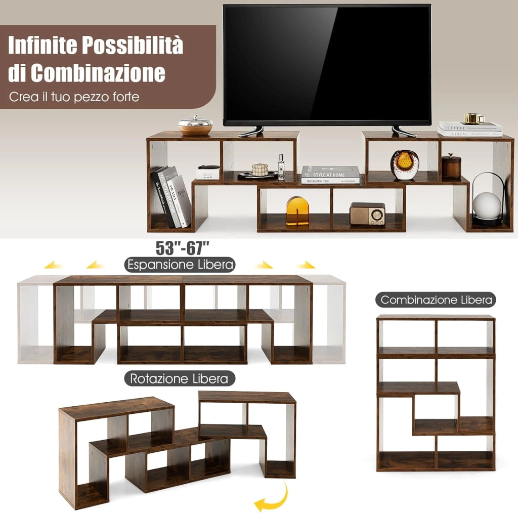 Mobile Porta TV Combinabile con Ripiani Aperti, per TV Fino a 65 Pollici, Mobile TV di Legno per Camera da Letto, Soggiorno, Capacità di Carico Massima 80 kg, 134-180 x 30 x 43 cm (Marrone)