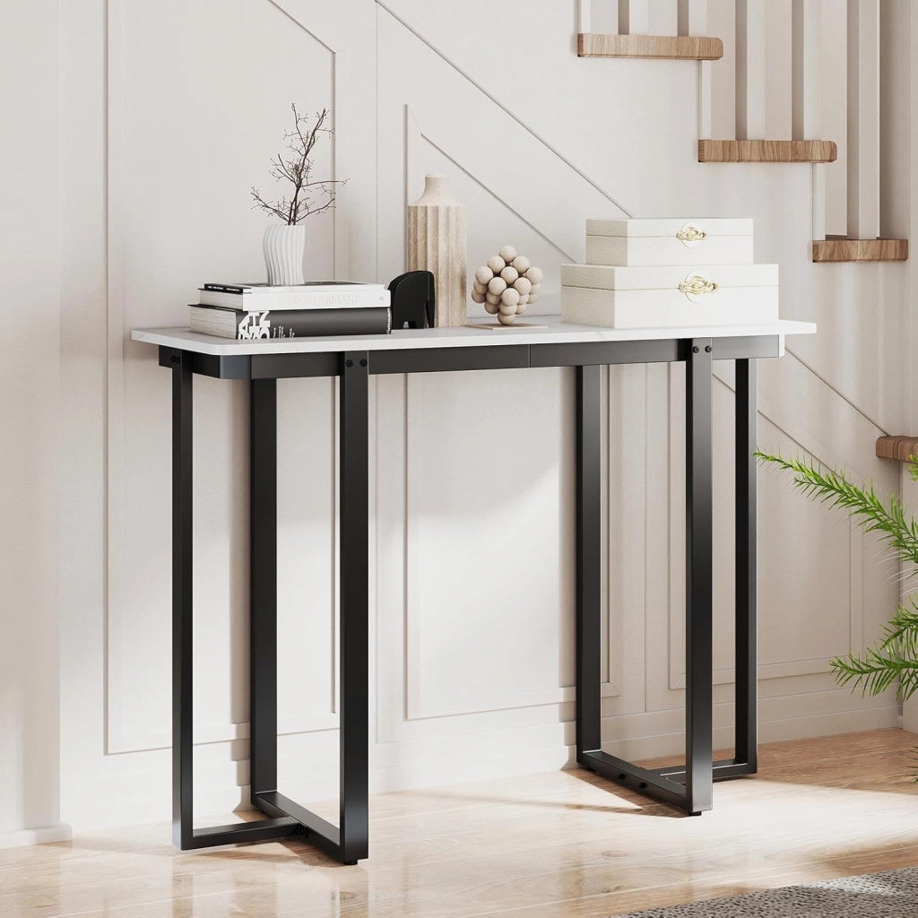 Tavolo Consolle, Tavolo d'Ingresso Moderno in Marmo Finto con Telaio Geometrico in Metallo, Tavolo Stretto per Soggiorno, Corridoio e Ingresso, 107 x 40 x 79,5 cm (Nero e bianco)