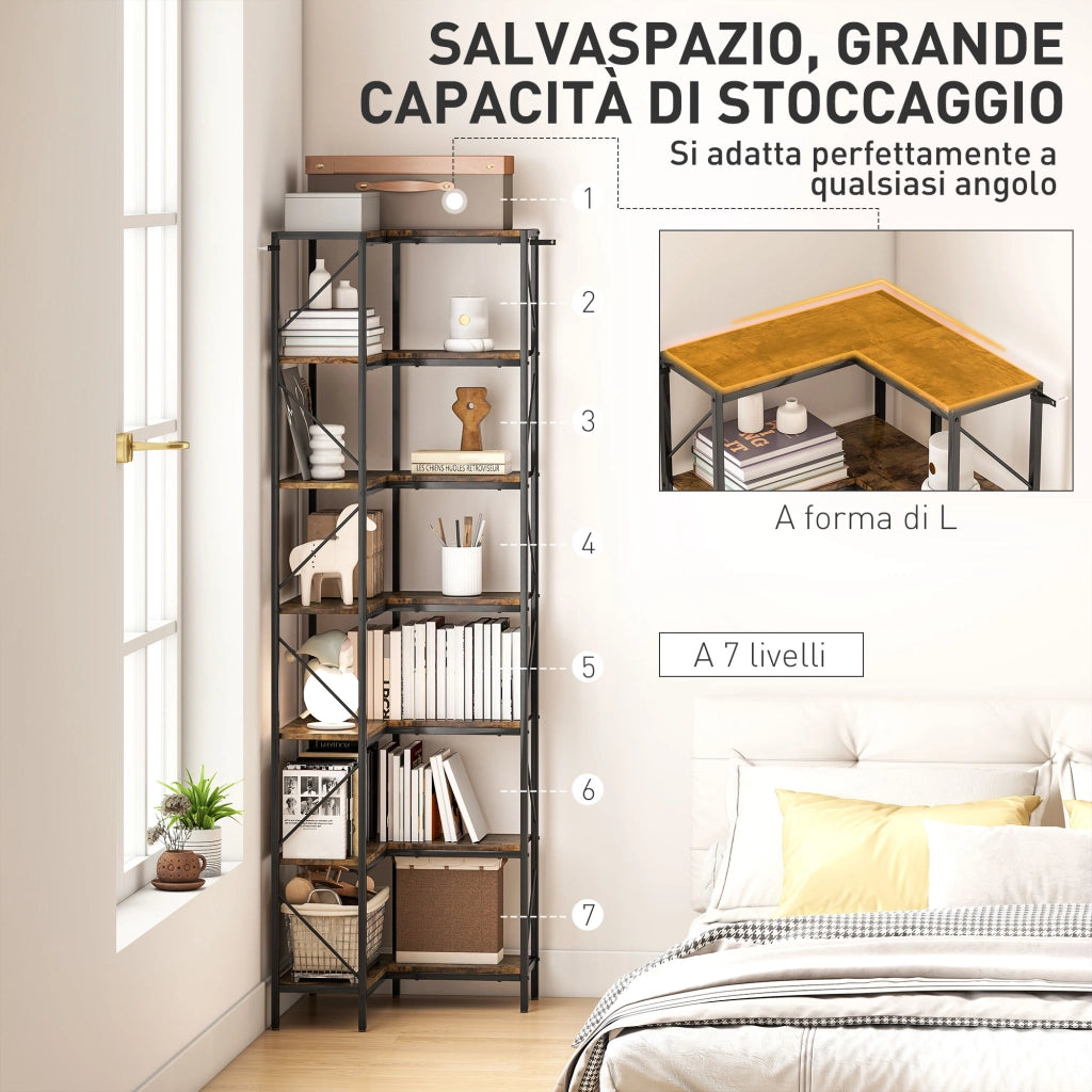 Libreria Angolare Industriale 7 Livelli ¨C Zephmum ¨C Legno Acciaio 60x60x198 Marrone Rustico
