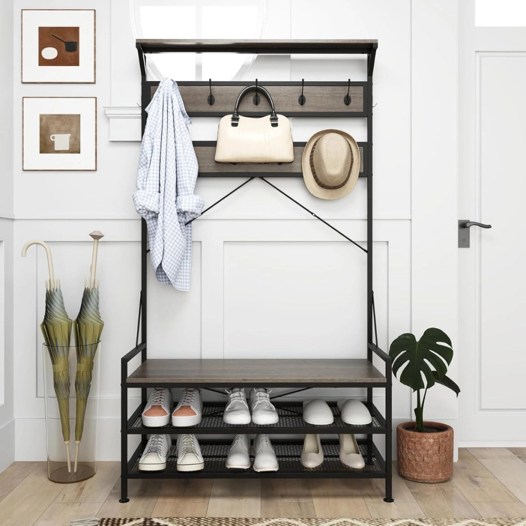 Appendiabiti albero da ingresso 4-in-1 con 11 ganci, Panca per scarpe scarpiera a 2 ripiani Grigio
