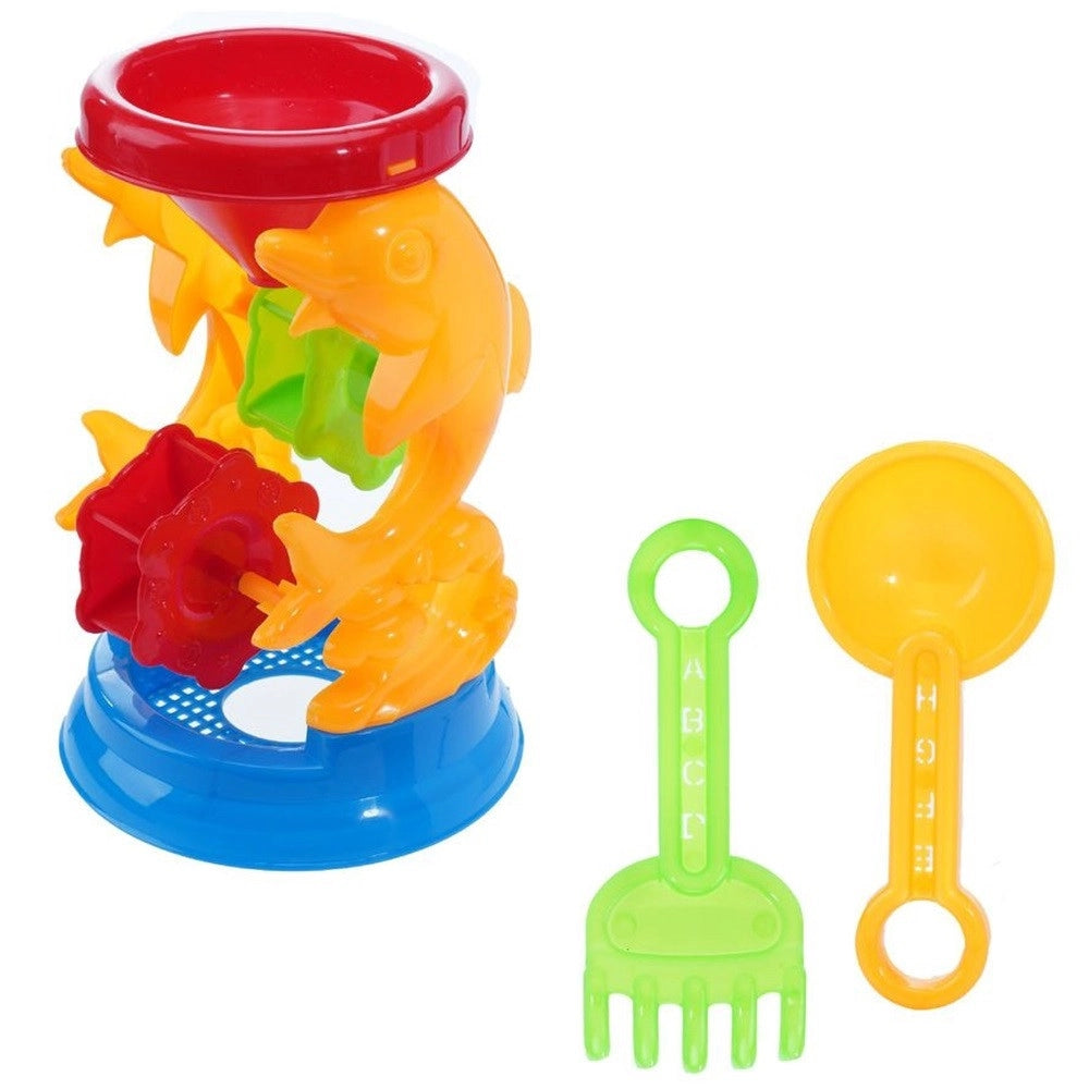 Trade Shop - Set 3 Pz Gioco Da Spiaggia Mare Con Mulino A Delfini Paletta Rastrello 11x15cm 258278 -