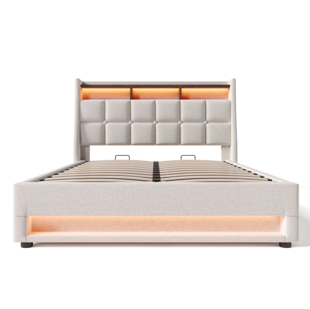 Letto imbottito 140x200 cm; LED e USB; lino beige (Senza materasso)