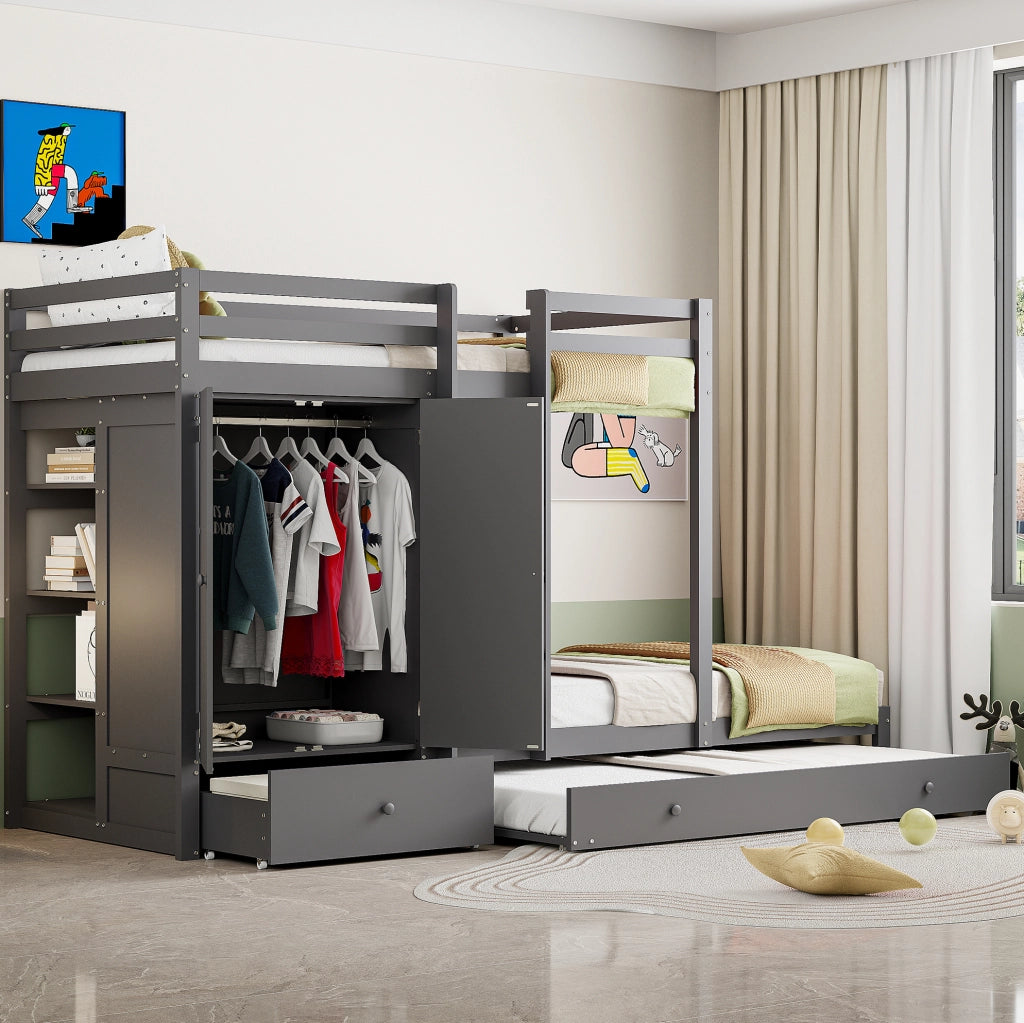 Letto a castello multifunzione 90x200 cm con letto estraibile; armadio e cassetti; in legno grigio