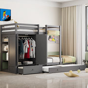 Letto a castello multifunzione 90x200 cm con letto estraibile; armadio e cassetti; in legno grigio