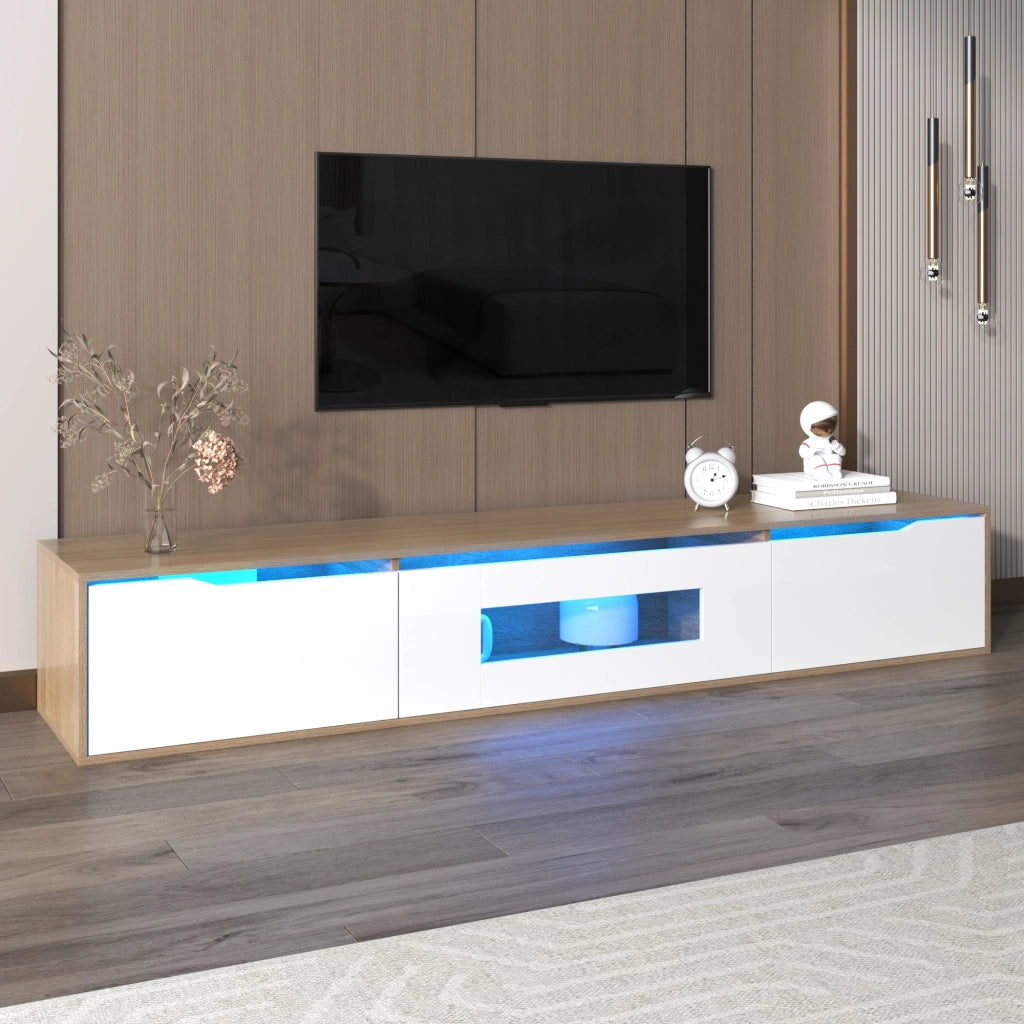 Mobile TV con Ante Scanalate e LED 16 Colori; Bianco Lucido e Effetto Legno; 180¡Á35¡Á30 cm; in Pannello Truciolare
