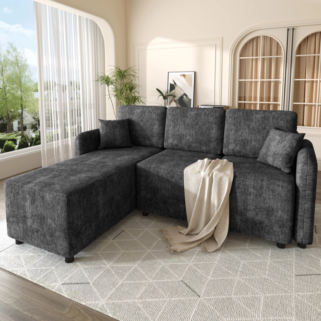 Divano angolare 3 posti - con area relax a L e 2 cuscini - in chenille nera