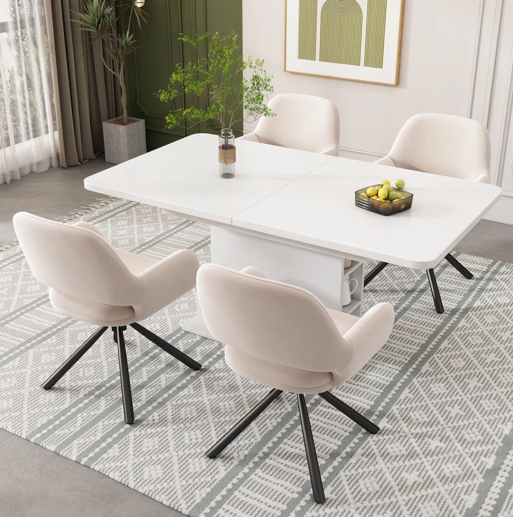 Set di 4 sedie da pranzo girevoli con braccioli in velluto e metallo beige