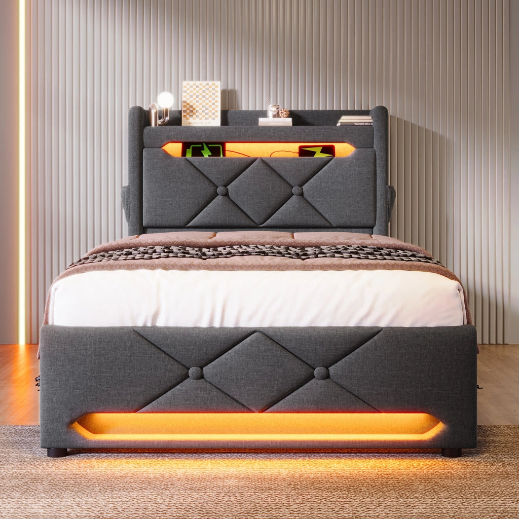 Letto singolo – 90x200 cm – USBC LED 360° contenitore – lino grigio