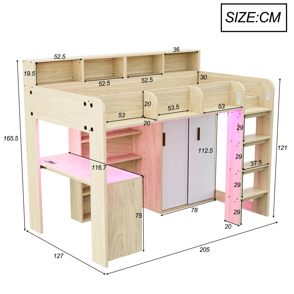 Letto a soppalco singolo 90×200 cm con scrivania; armadio; LED e presa; senza materasso; colore legno