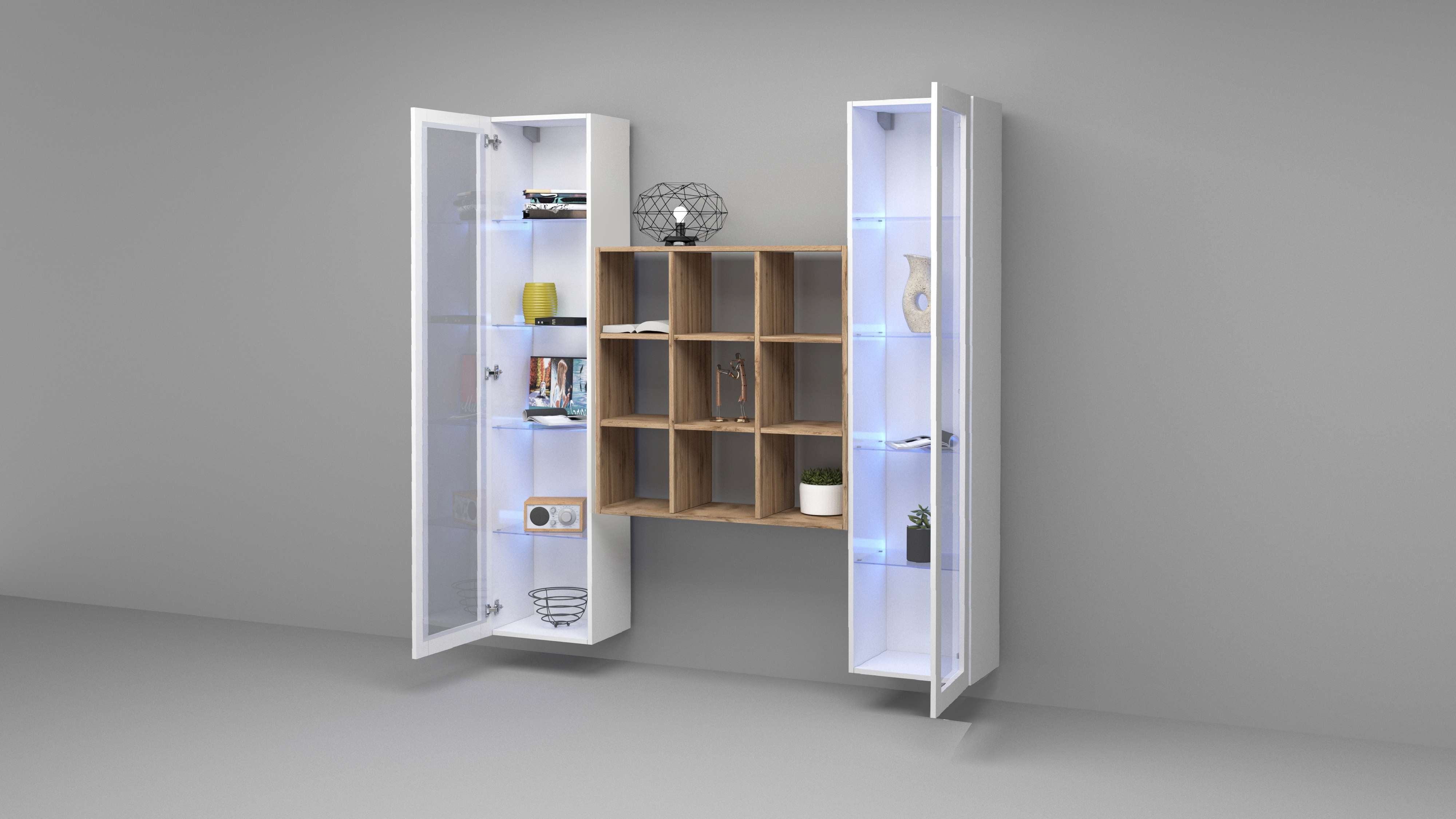 Parete attrezzata sospesa libreria in legno 2 vetrine bianche Vila WH