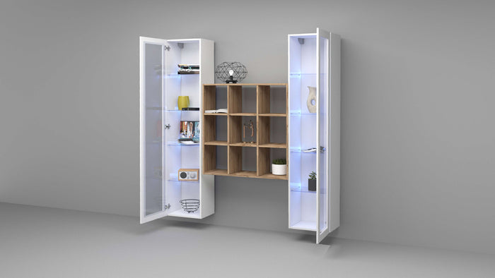Parete attrezzata sospesa libreria in legno 2 vetrine bianche Vila WH